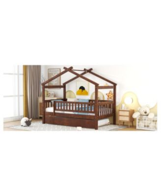 Twin Size Wooden House Bed With Twin Size Trundle