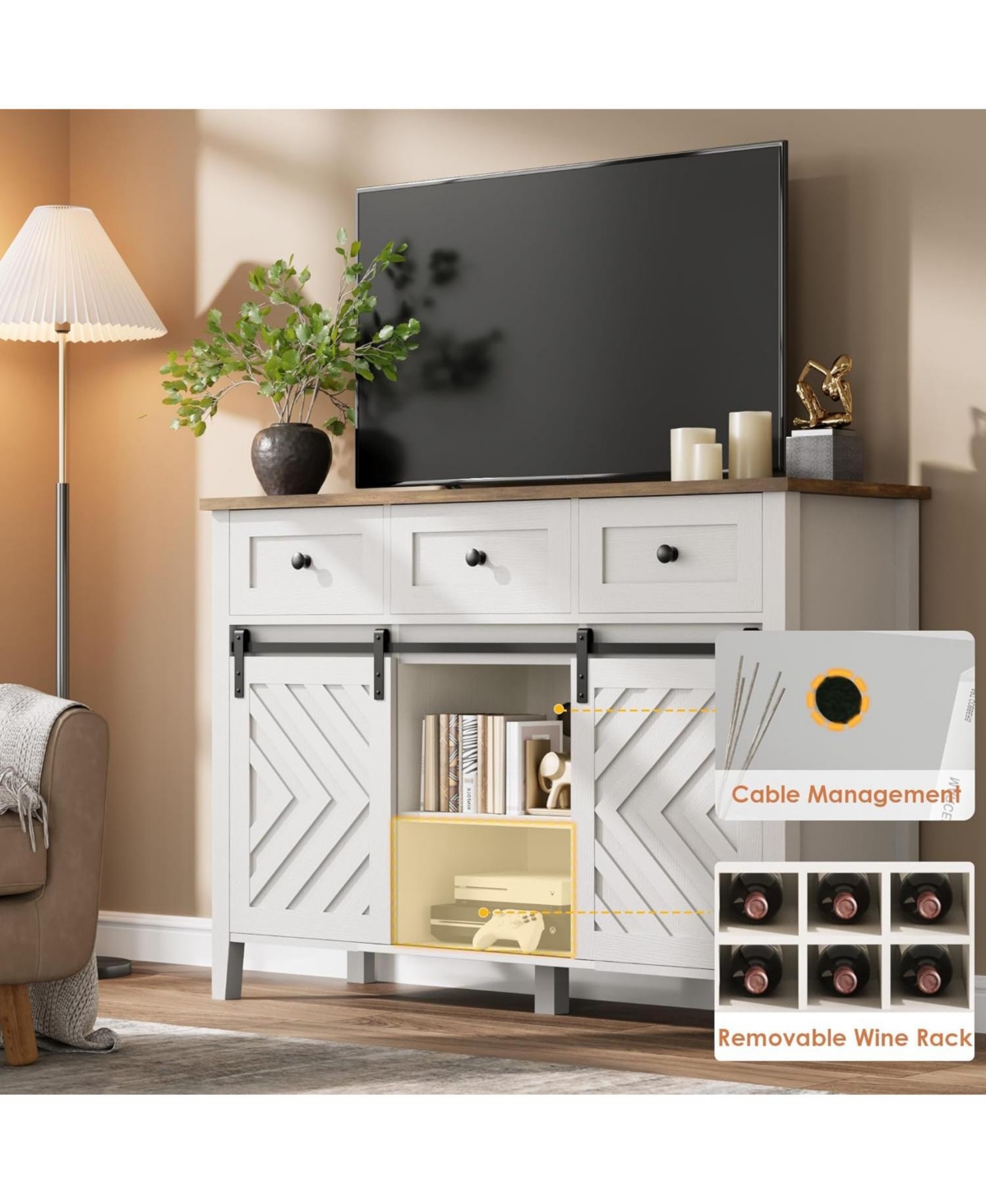 gaomon 47.2" Farmhouse Buffet Cabinet with Sliding Barn Door, 3 Drawers, Wine Rack & Adjustable Shelf