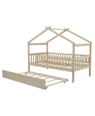 Twin Size Wooden House Bed With Twin Size Trundle