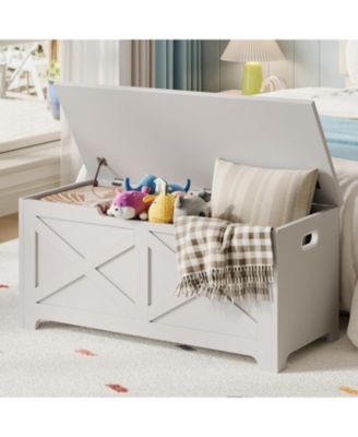 39.4" Wooden Storage Chest, Storage Bench with Safety Hinges for Entryway & Living Room, White
