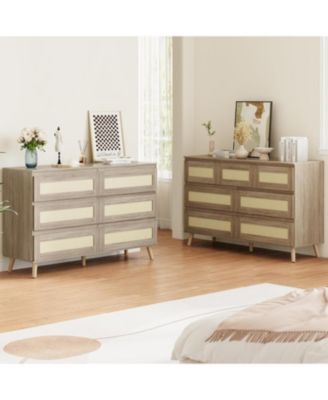 6-Drawer Wooden Dresser for Bedroom, Wide Boho Chest of Drawers with Rattan Fronts
