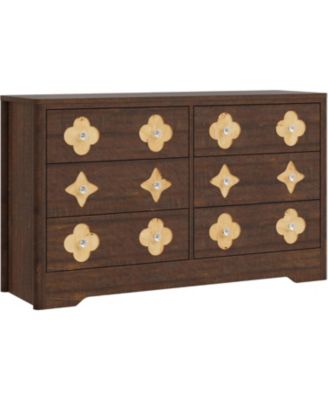 Rattan 6-Drawer Dresser for Bedroom, 47" Wide Wooden Chest with Large Storage