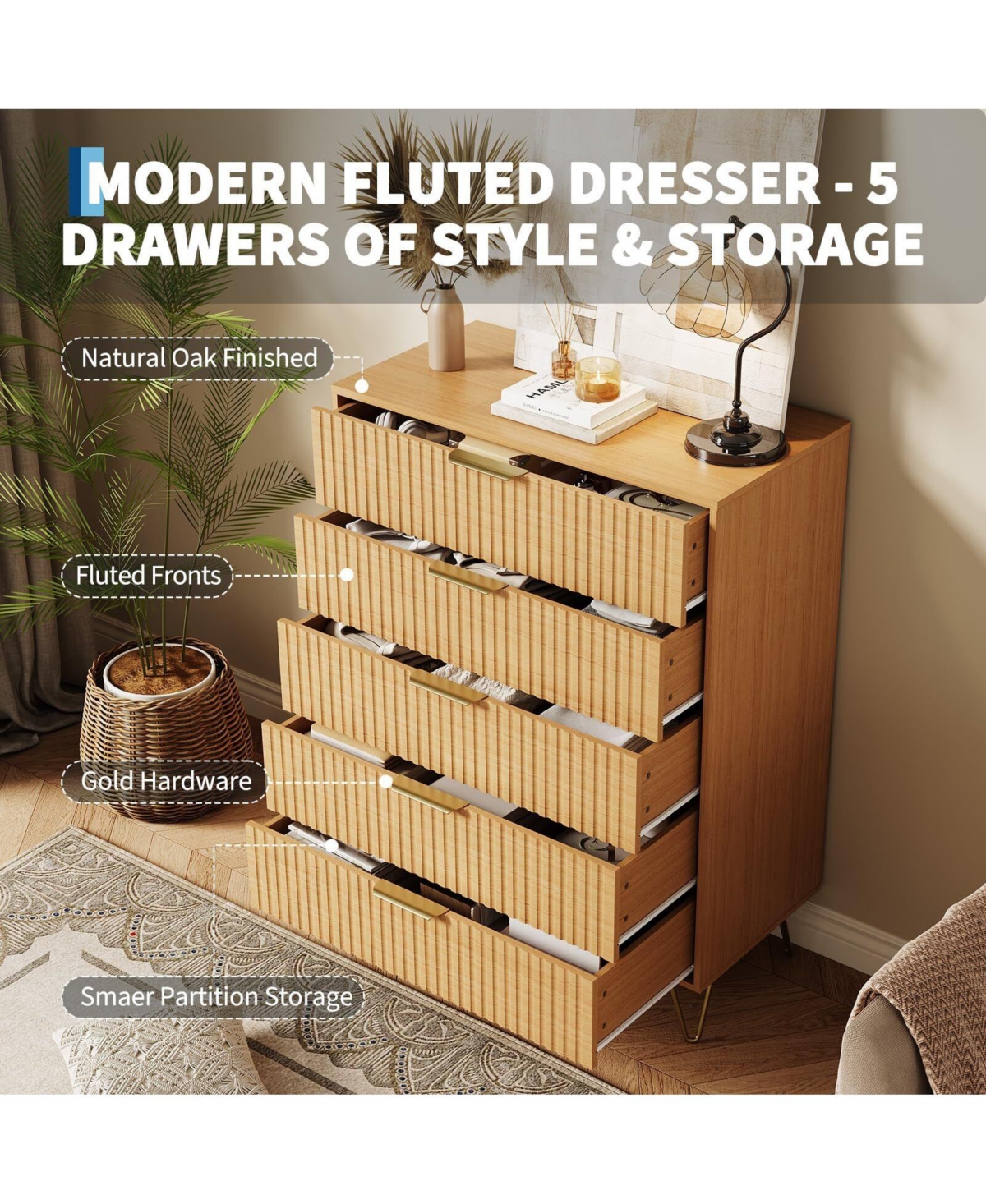 gaomon Fluted 5-Drawer Dresser for Bedroom, 32" Wide Modern Wooden Chest of Drawers, Beige