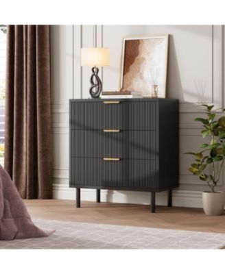 3-Drawer Wave Fluted Dresser, Wide Wooden Chest with Metal Legs for Bedroom and Living Room