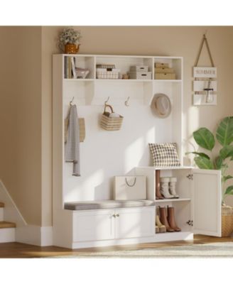 78" Entryway Hall Tree with Bench and Storage, 3-in-1 Hall Tree with 4 Hanging Hooks, 3 Open Compartments & Adjustable Shelf