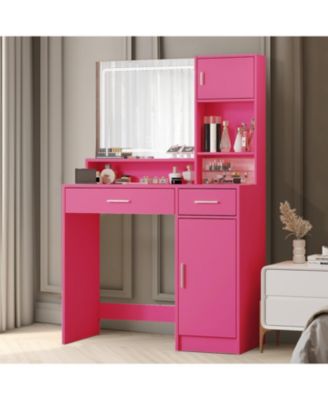 Streamdale Rose Pink Vanity Desk with Mirror, LED Light & Drawer
