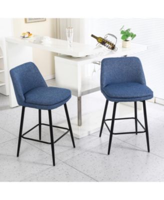 Blue Linen Counter Height Swivel Barstools (Set of 2), Upholstered with Metal Legs