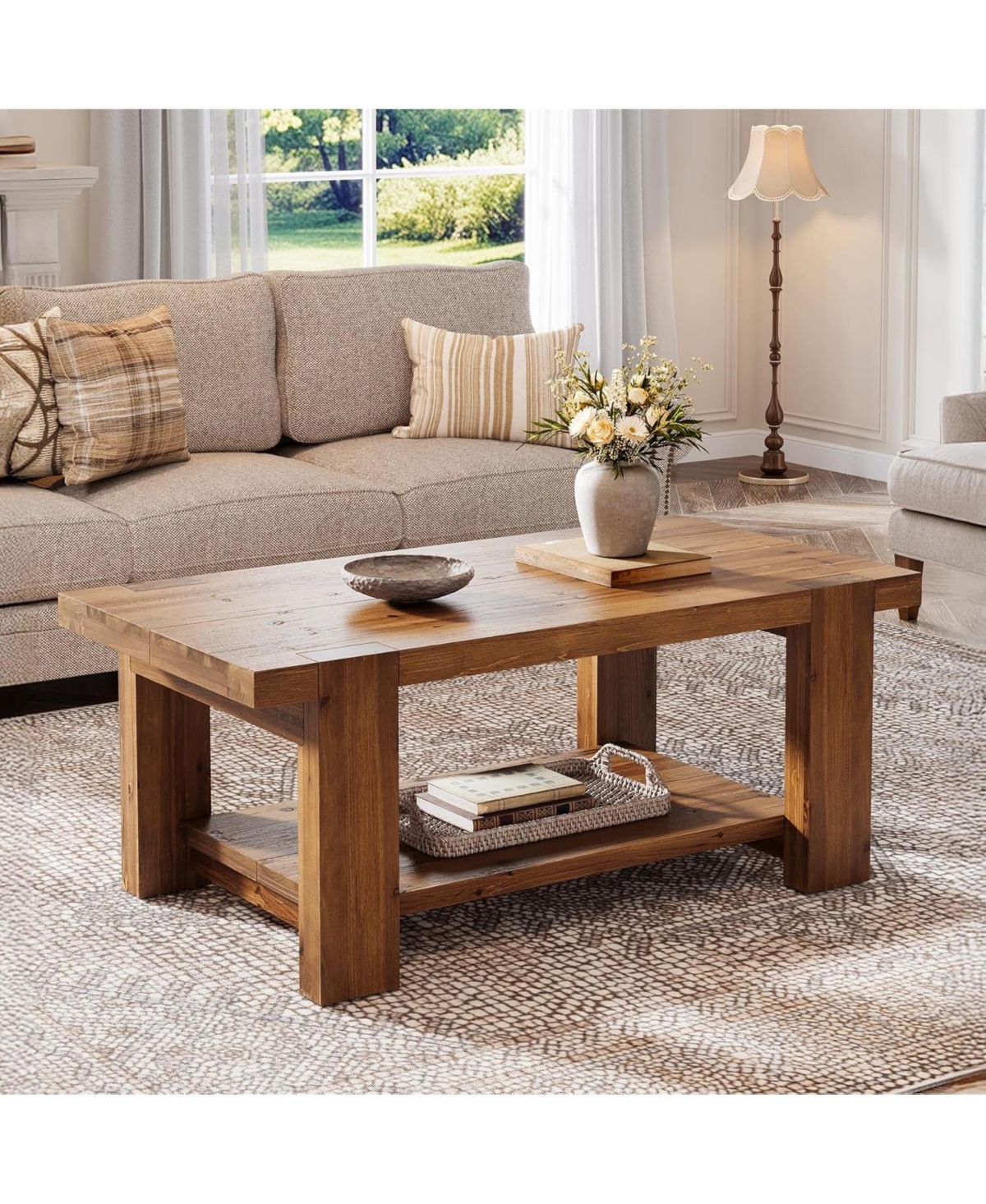 Tribesigns Solid Wood Coffee Table with 2-Tier Storage Shelf, 47.2" Farmhouse Rectangle Center Table Furniture for Living Room, Apartment, Office