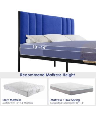 King Bed Frame, Platform Bed Frame with Velvet Headboard, Heavy Duty Metal Bed Frame with 15 Strong Slats Support