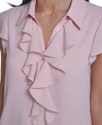 Women's Solid Cap-Sleeve Ruffle Front Top