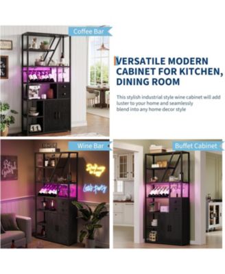 Bar Cabinet with LED Lights, Tall Coffee Bar Station with Power Outlets and Storage Rack