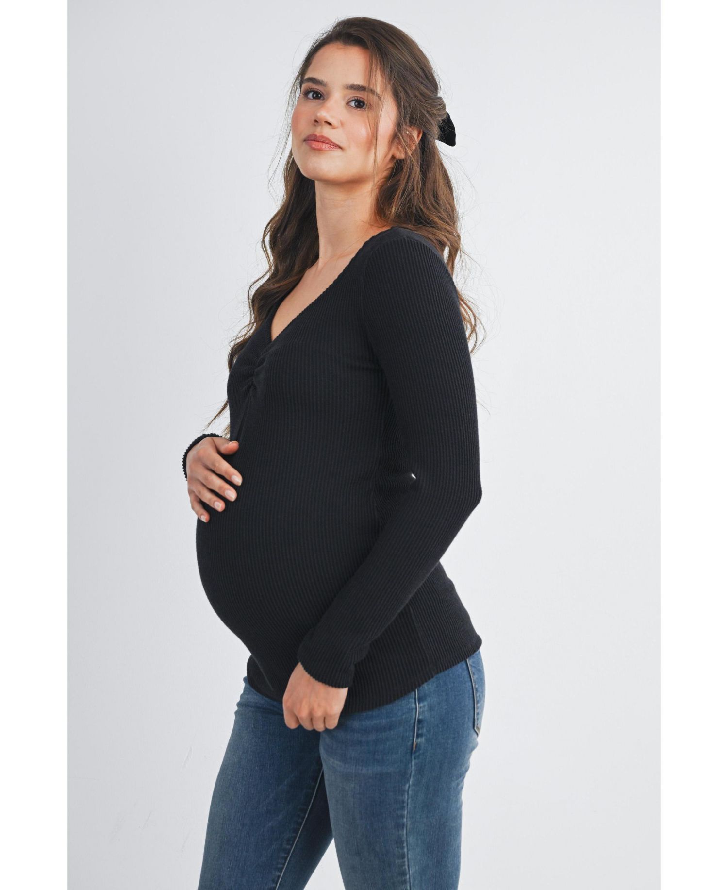 Maternity Long Sleeve Ribbed Sweetheart Neck Top
