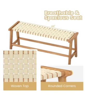 47" Teak Wood Patio Bench with Woven Seat and Solid Legs