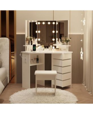 Corner Makeup Vanity Desk with Lights and Power Outlet, Rotating Drawers and Adjustable Shelves