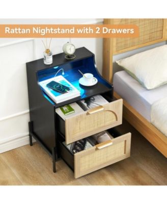 Nightstand with LED Lights, Bedside Table with 2 Drawers and Curved Shelves,