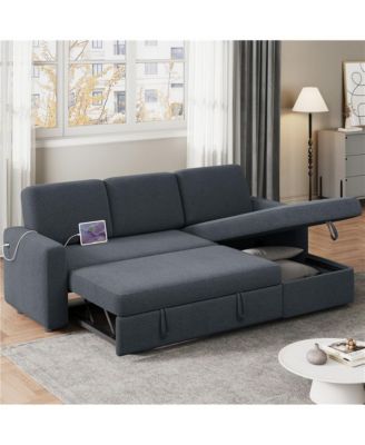 L-Shaped Reversible Sleeper Sectional Sofa with Chaise & USB & Type-C Ports Dark Gray