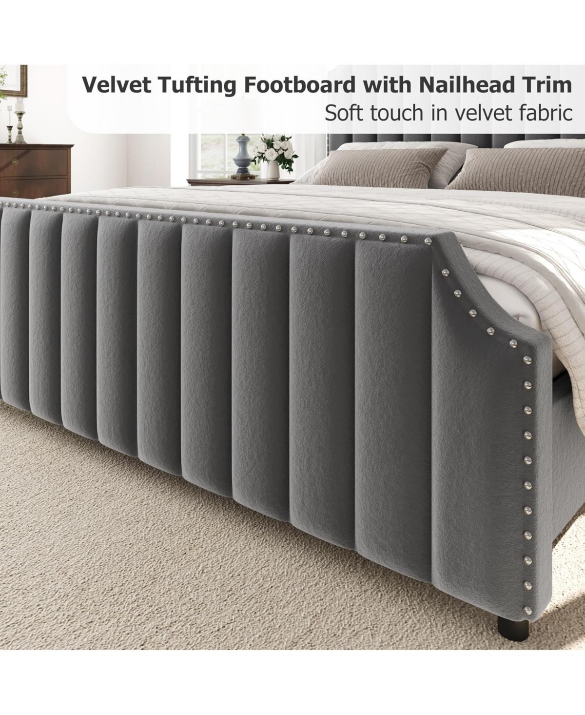 gaomon Upholstered Bed Frame, Vertical Lines Platform with Velvet Headboard & Footboard, Stylish Copper Nails, Metal Mattress Foundation