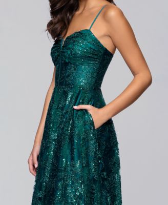 Juniors' Long Glitter V-Neck Lace-Up Back Ball Gown