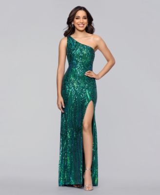 Juniors' Sequin One-Shoulder Side-Slit Gown