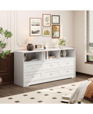 6-Drawer Slim Dresser for Bedroom, Wooden Chest with Power Outlets, LED Light & Open Shelf