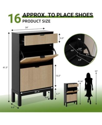 Shoe Storage Cabinet with 2 Flip Drawers,Entrance Wooden Shoe Rack with Iron Legs,Farmhouse Fluted Shoe Organizer for Entryway,Hallway,Foyer,Black+Oak