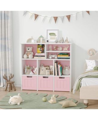 Toy Storage Cabinet with 3 Movable Drawers and 6 Cubes, Kids Bookshelf Organizer with Wheels