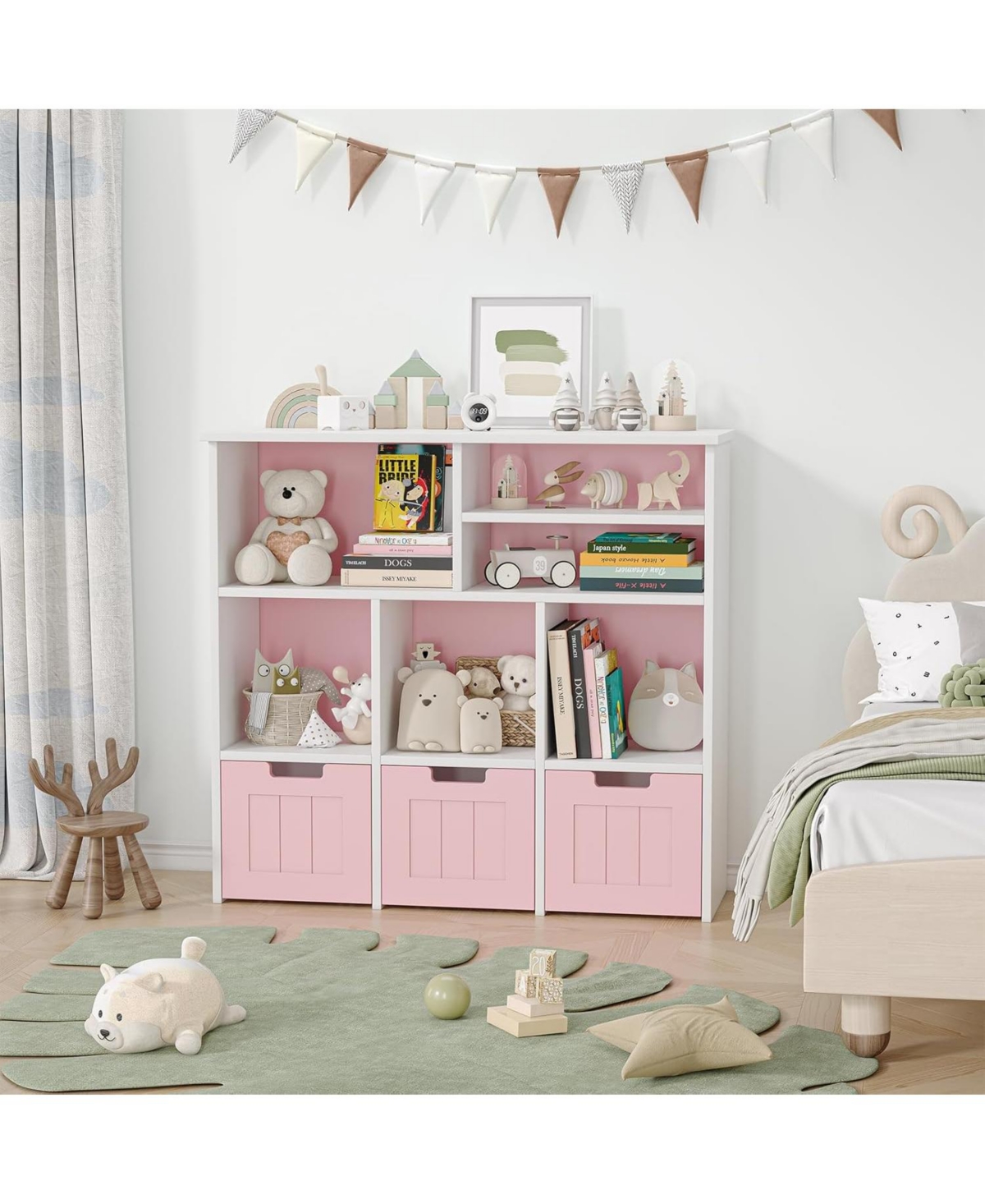 gaomon Toy Storage Cabinet with 3 Movable Drawers and 6 Cubes, Kids Bookshelf Organizer with Wheels