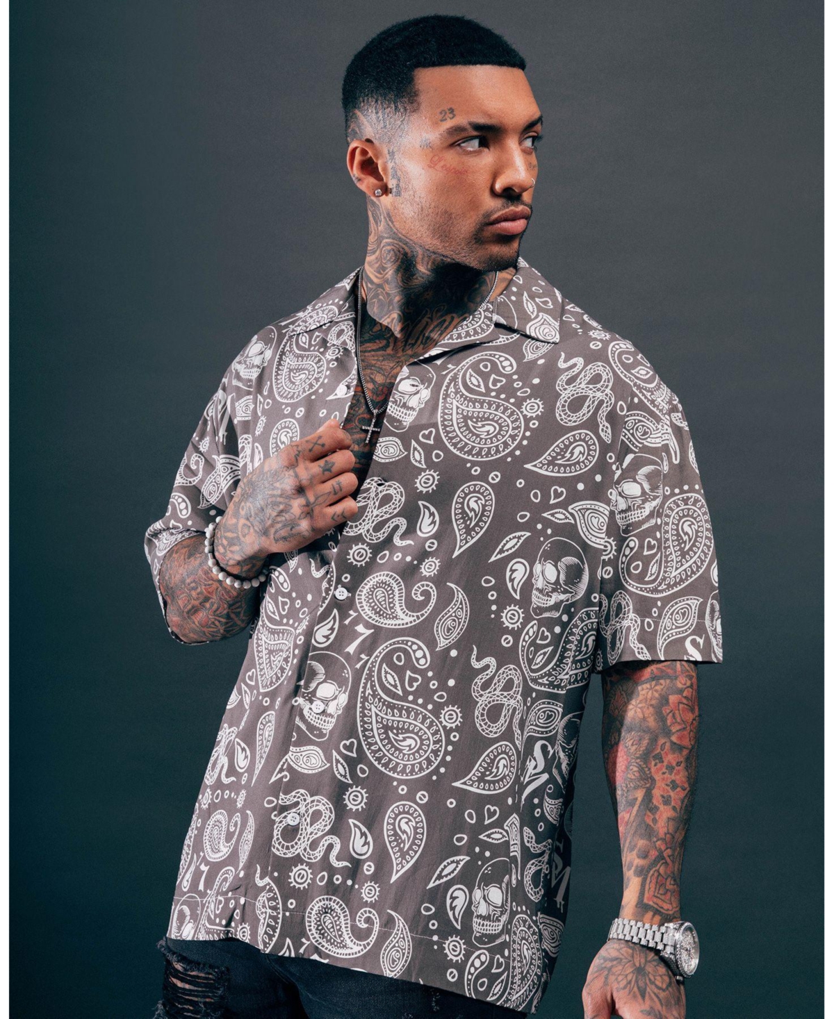 Saint Morta Paisley Skulls Short Sleeve Button Up Shirt