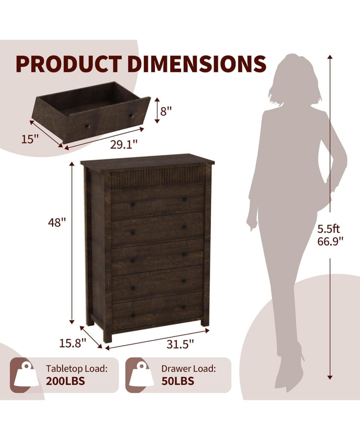 Gaomon 5-Drawer Dresser for Bedroom, Wooden Chest of Drawers with Fluted Storage for Entryway & Hallway, Dark Brown