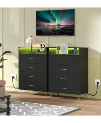 Tall 4-Drawer Dresser with RGB Lights & Charging Station, App-Controlled LED Wooden Chest for Bedroom, Black