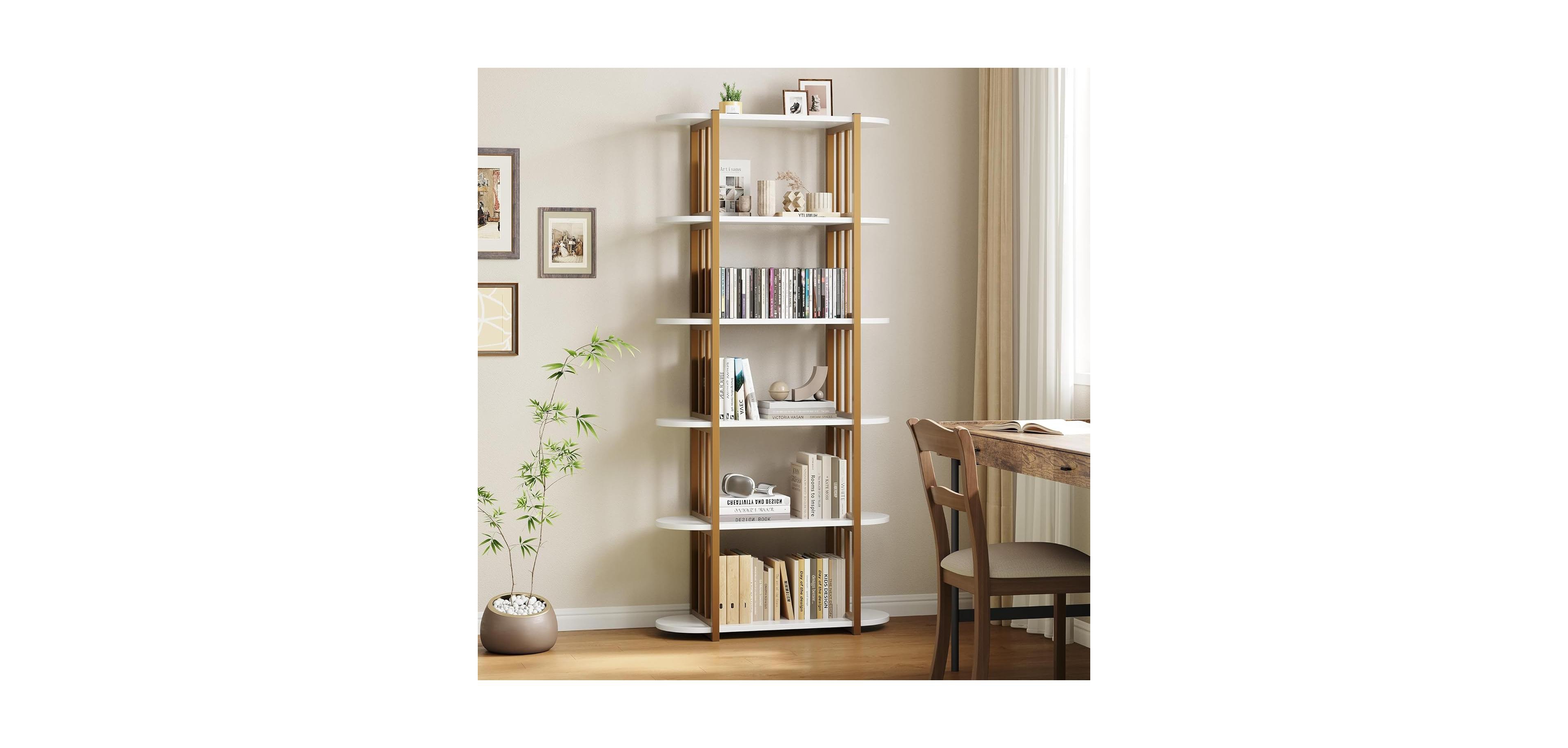 gaomon 6-Tier Wooden Bookshelf, Industrial Tall Bookcase with Metal Frame for Living Room & Office