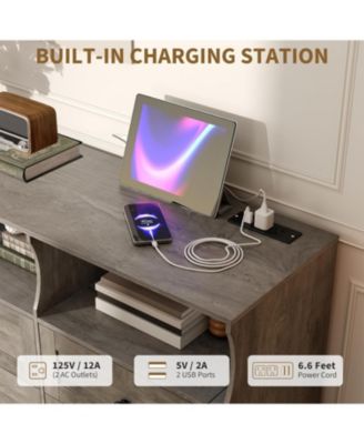 6-Drawer Slim Dresser for Bedroom, Wooden Chest with Power Outlets, LED Light & Open Shelf, Grey