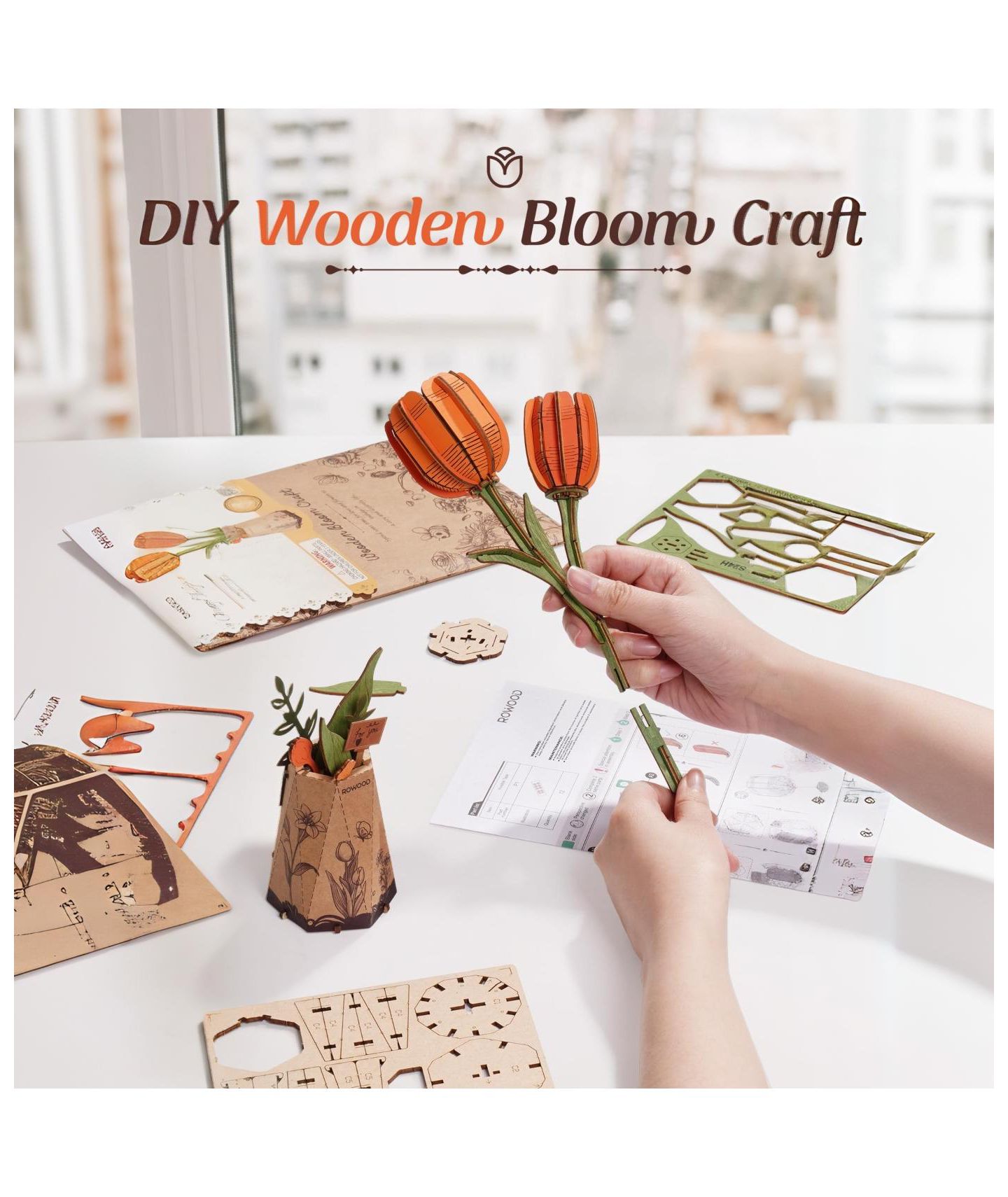 Детский конструктор Flash Popup Orange Tulip 3D Wood Puzzle 76-Piece Building Set, Ages 14+ — фото 3