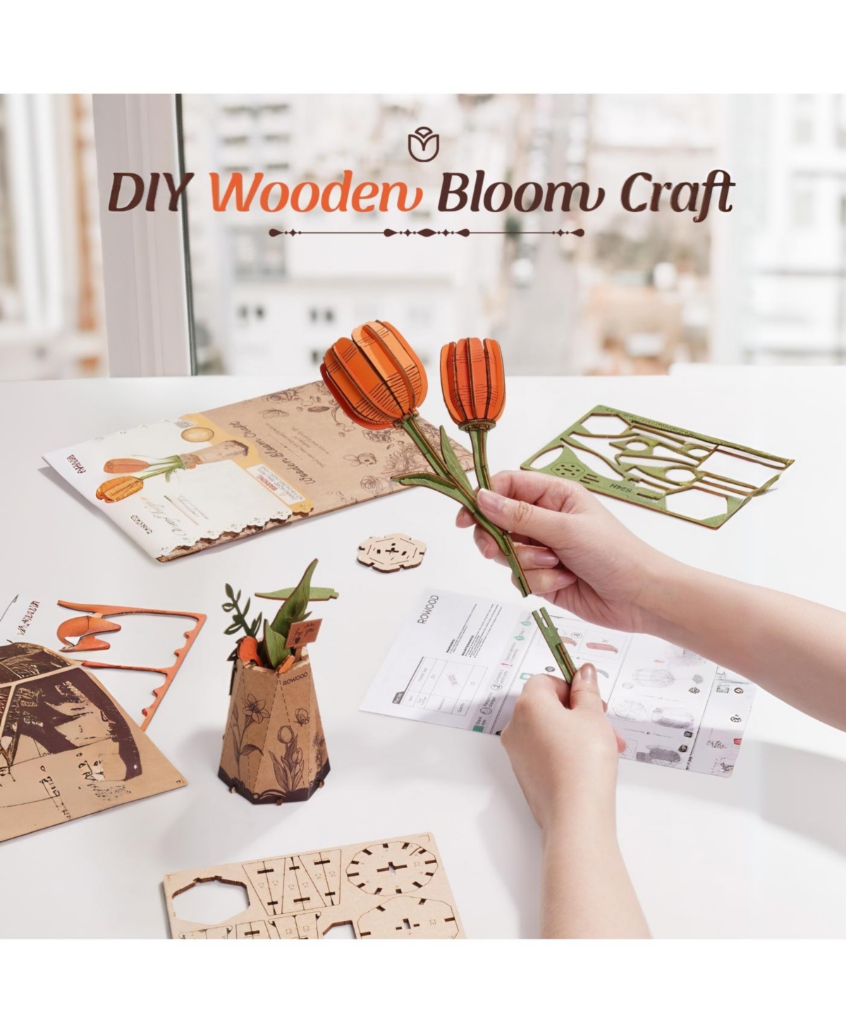 Flash Popup Diy 3D Wood Puzzle Orange Tulip 76pcs