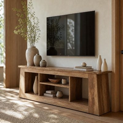 63-Inch TV Stand for Living Room, Farmhouse Media Console with 4 Open Storage Compartments, for 45/55/65 inch TV