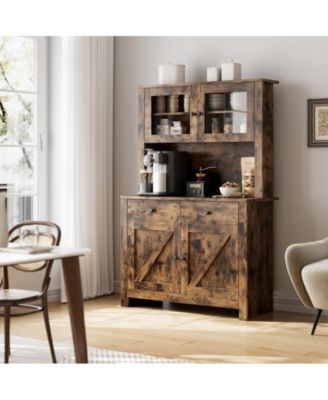 Kitchen Pantry Cabinet with Microwave Stand, Freestanding Hutch Storage Cupboard, Brown