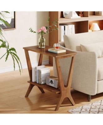 Solid Wood End Table for Living Room, 2-Tier Storage Shelves Sofa Couch Side Table with Sturdy Legs