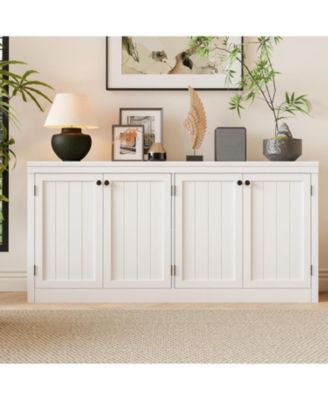 63" Buffet Sideboard Cabinet with 4 Striped Doors, Modern Coffee Bar Storage Cabinet, White