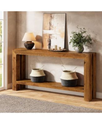 63-Inch Solid Wood Entryway Console Table, Farmhouse Narrow Couch Table Behind Sofa with 2-Tier Storage for Hallway, Living Room, Foyer