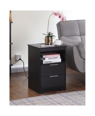 Nightstand with Charging Station & 2 Drawers, Black