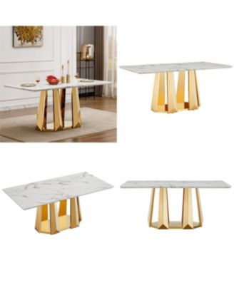 “70″ Faux Marble Dining Table for 6 with Gold Mirrored Base”