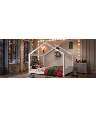 Queen House Floor Bed with Slats, Solid Wood Frame for Kids