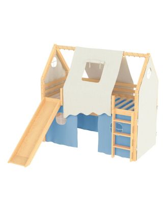 Twin Size House Loft Bed with Sills, Tents, Slide, Lights