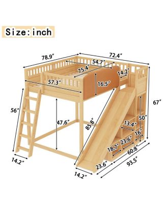 Loft Bed with Headboard, Shelves, Ladder & Slide