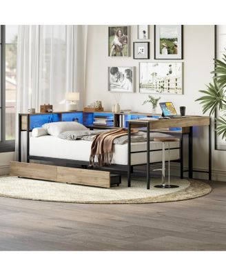 Corner Bed Frame Full Size w/ Bookcase, 2 Drawers, LED & Charging Station
