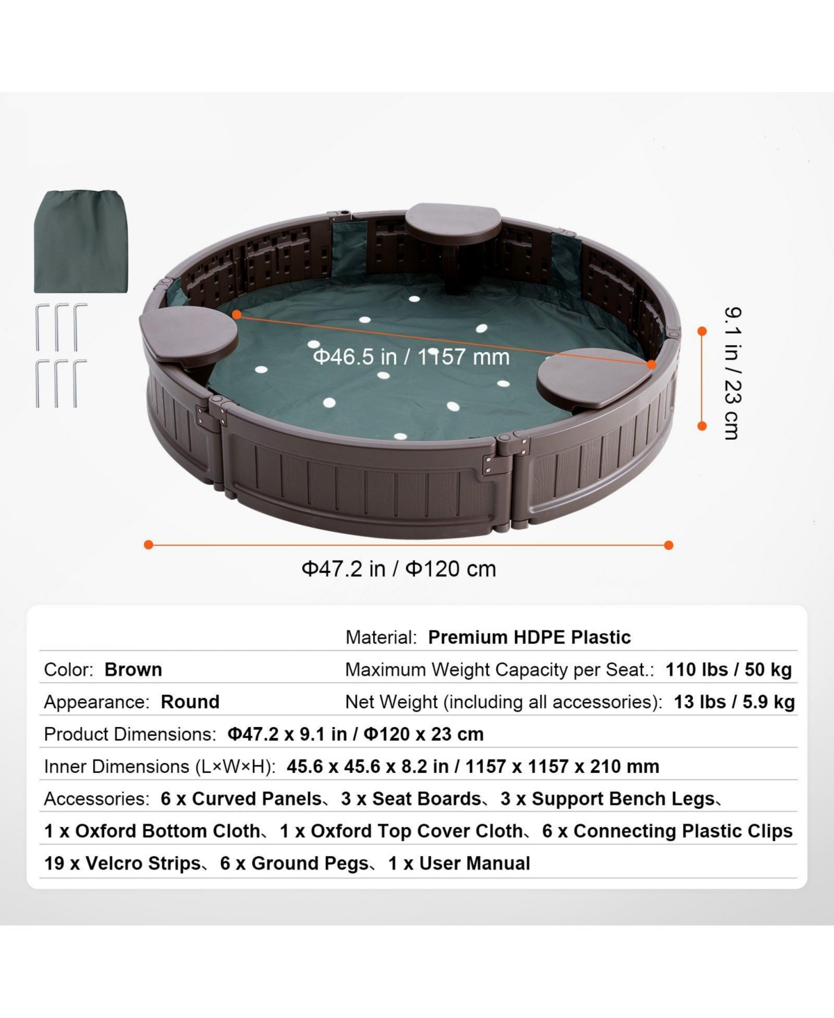 Slickblue Sandbox with Cover, 47.2 x 9.1 in Round Sand Box, Hdpe Sand Pit with 3 Corner Seating and Bottom Liner
