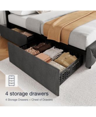 Bed Frame with 4 Storage Drawers and Headboard, Linen Upholstered Platform Bed frame - Queen