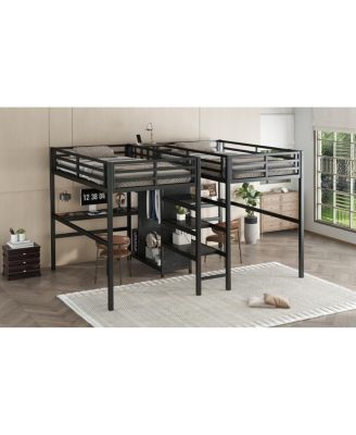 Twin Over Twin Metal Loft Bed with Double Desk, Wardrobe, Shelves & Outlet, Black