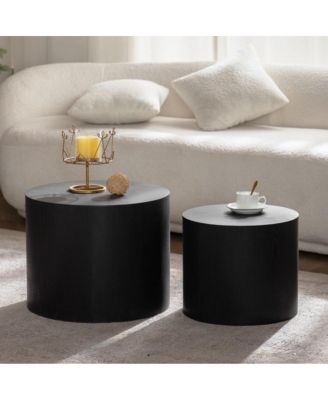 Nesting Coffee Table Set of 2 Round Wooden Modern Tables for Small Spaces