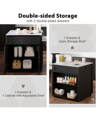 82.7 inch Kitchen Island with Extendable Dining Table, Two-tone Kitchen island with Storage 2 Drawers 2 Side Open Shelves, Power Outlet.